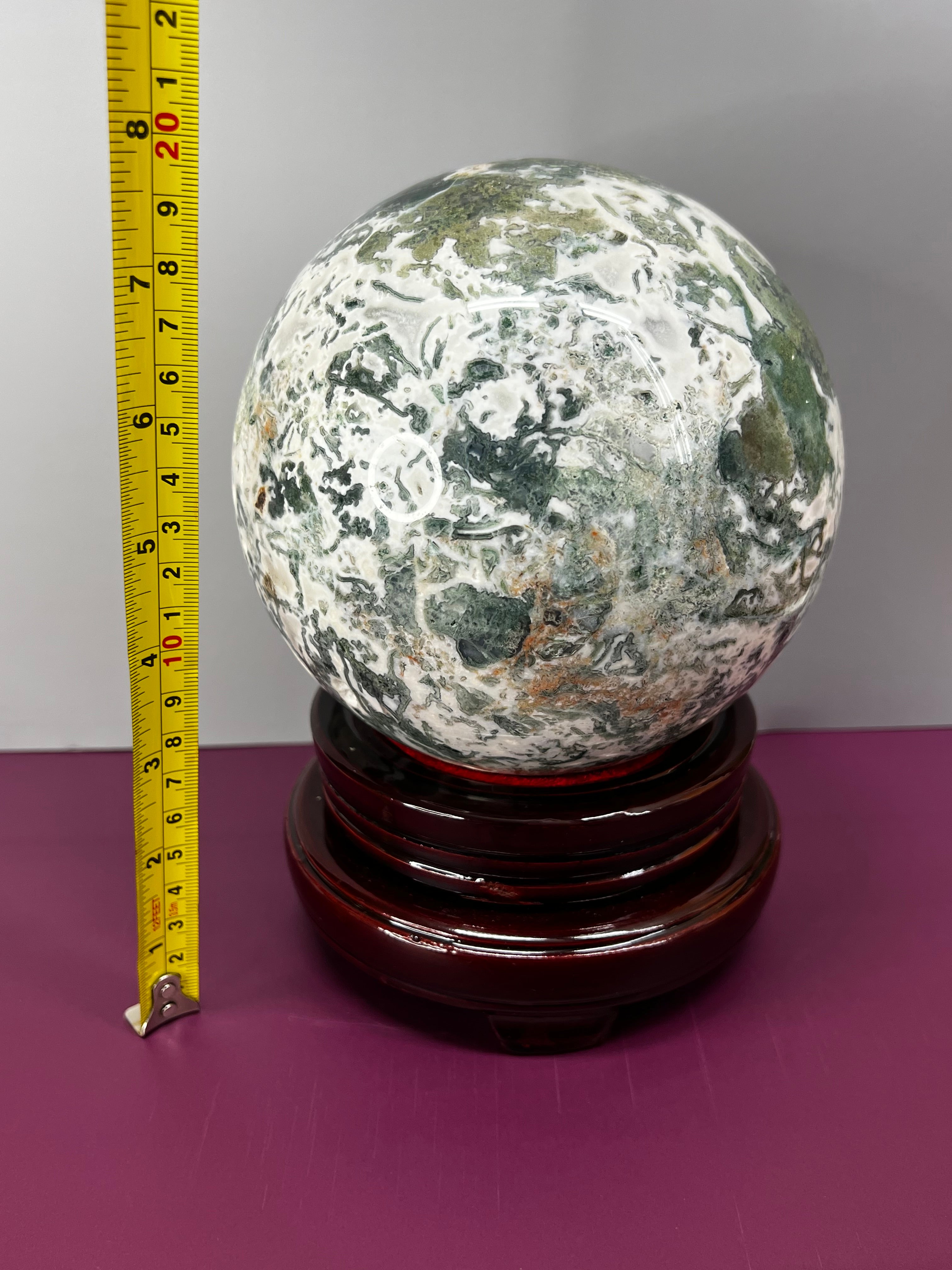 Moss Agate Sphere with Wood Stand