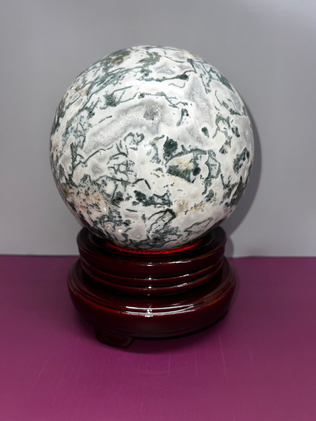 Moss Agate Sphere with Wood Stand