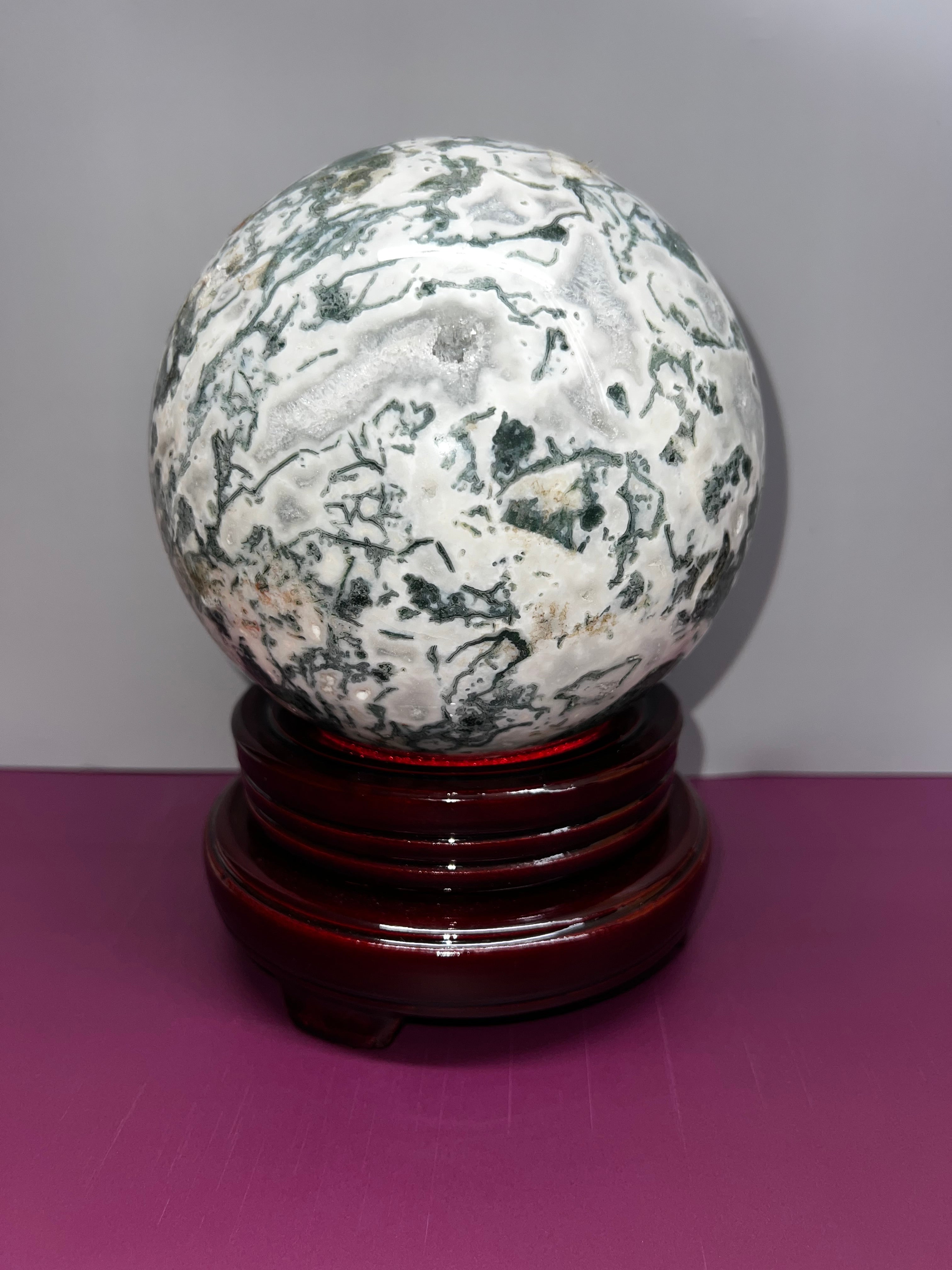 Moss Agate Sphere with Wood Stand