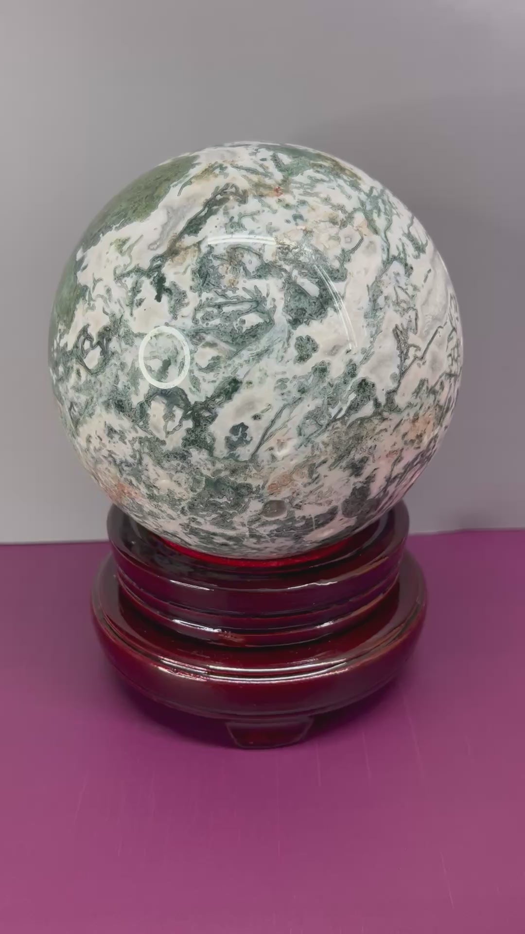 Moss Agate Sphere with Wood Stand